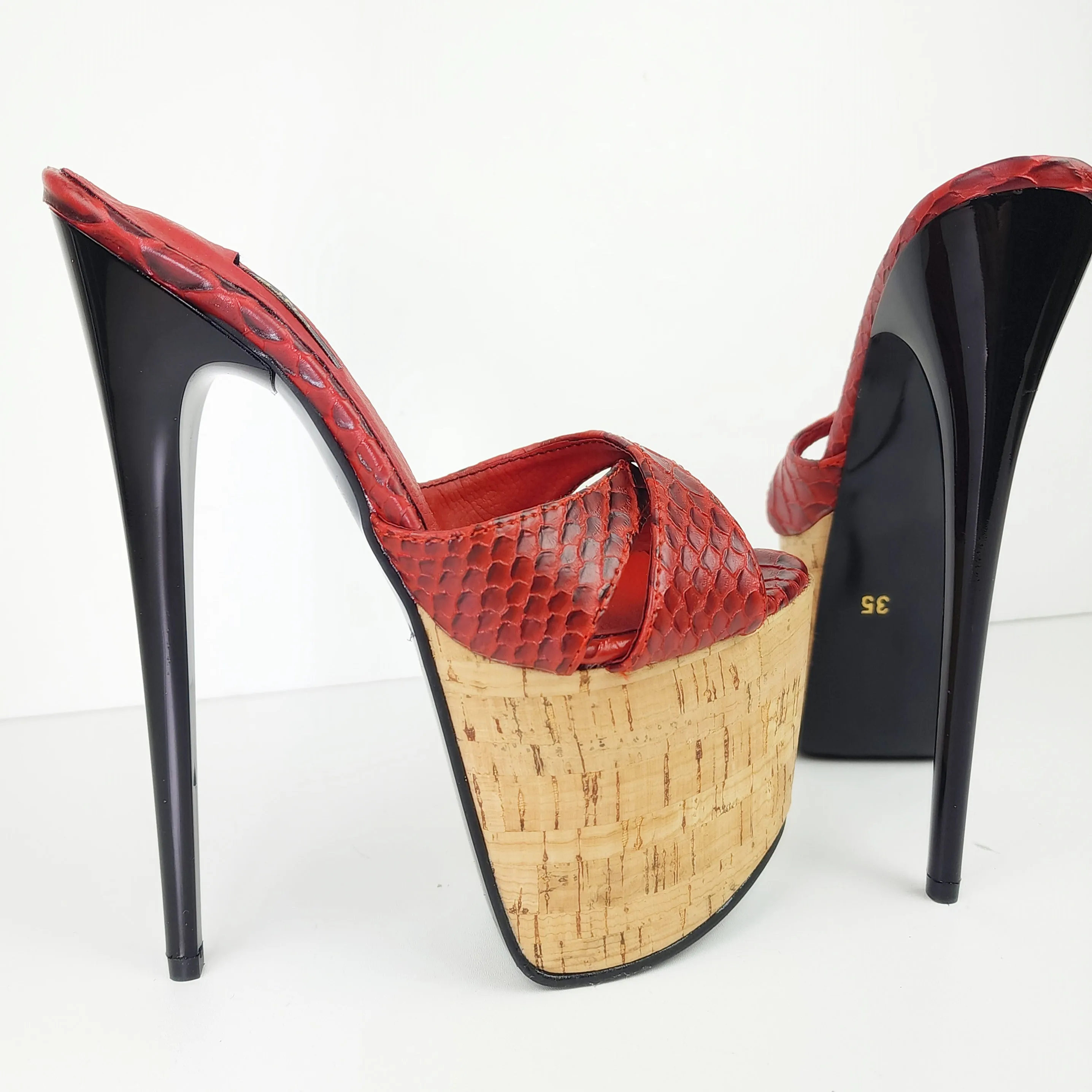 Cork Detail Dark Red Croco High Heel Mules