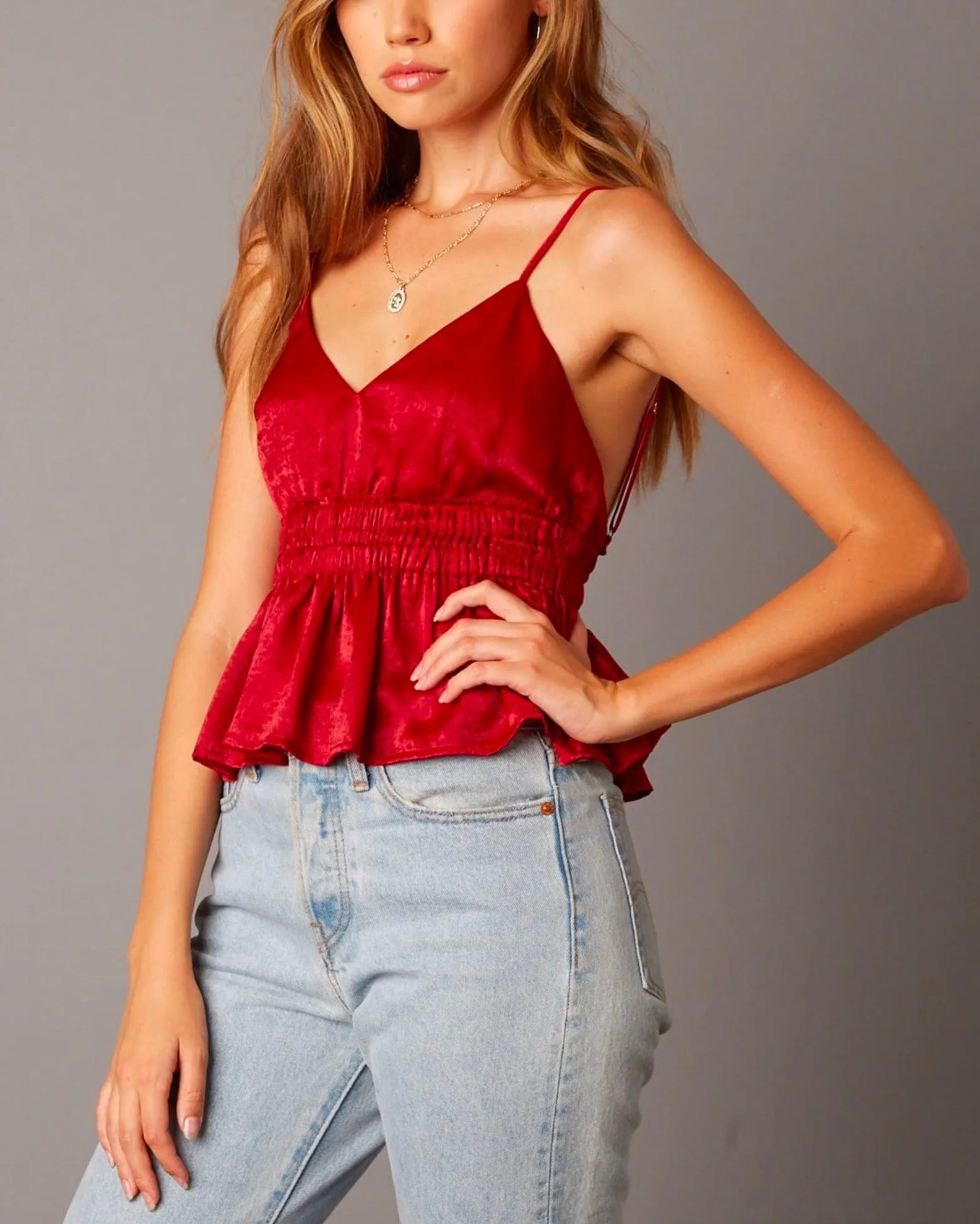 Cotton Candy LA - Open Back Empire Waist Satin Top with Ruffle Trim