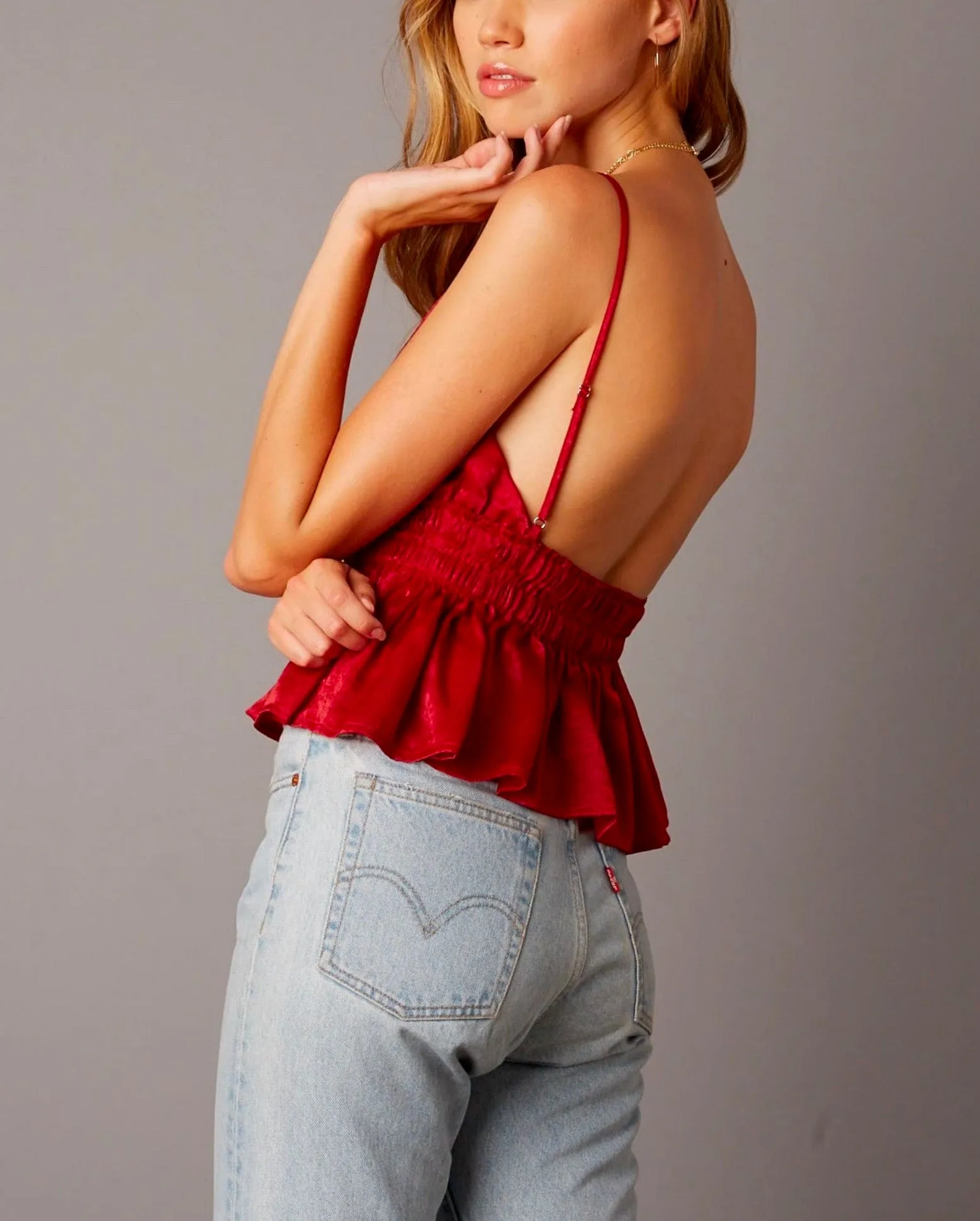 Cotton Candy LA - Open Back Empire Waist Satin Top with Ruffle Trim