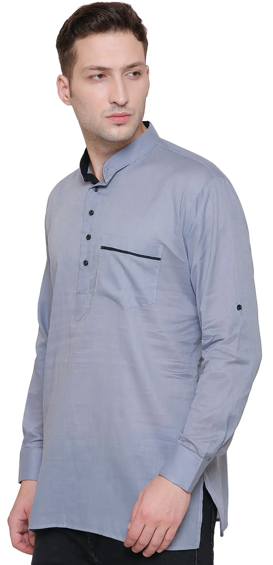 Cotton Mens Designer Short Kurta Fashion Indian Clothing (Grey)