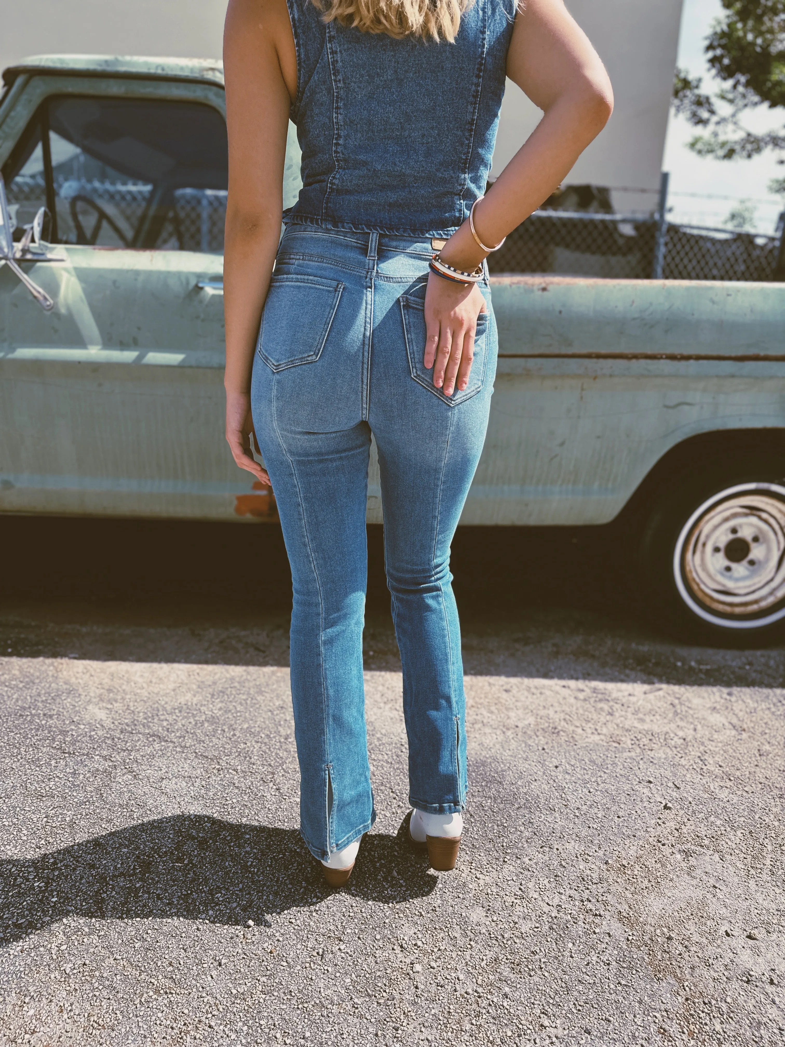 Cuts Like A Knife High Rise Back Slit Denim