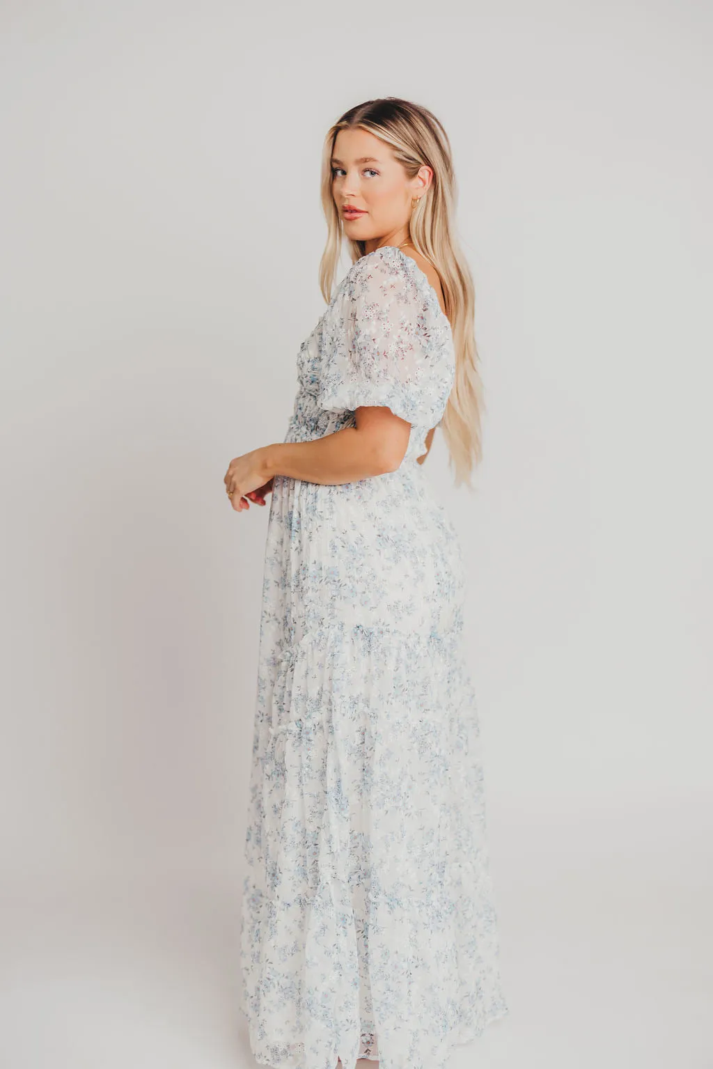 Daphne High Slit Eyelet Detail Maxi Dress in Blue and White Floral - Inclusive Sizing (S-3XL) - Special PRE-ORDER Price