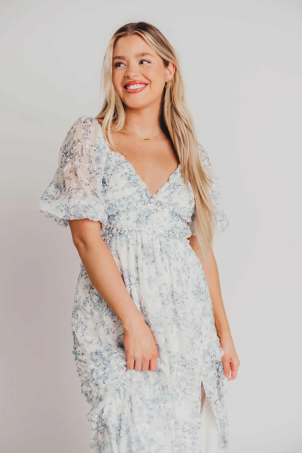 Daphne High Slit Eyelet Detail Maxi Dress in Blue and White Floral - Inclusive Sizing (S-3XL) - Special PRE-ORDER Price