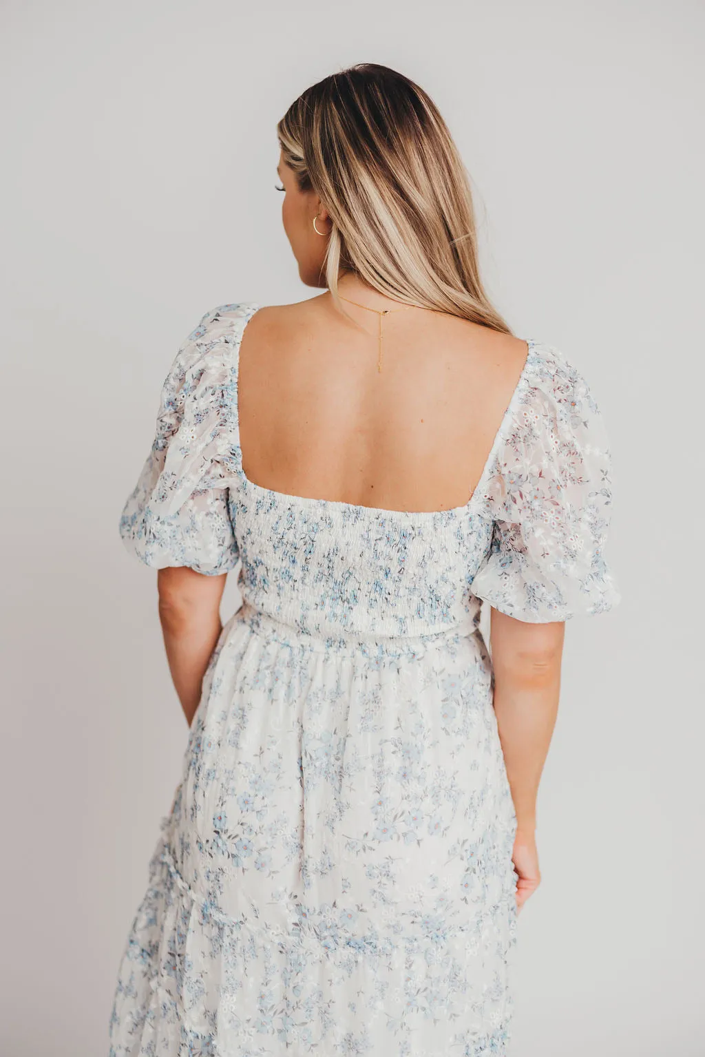 Daphne High Slit Eyelet Detail Maxi Dress in Blue and White Floral - Inclusive Sizing (S-3XL) - Special PRE-ORDER Price