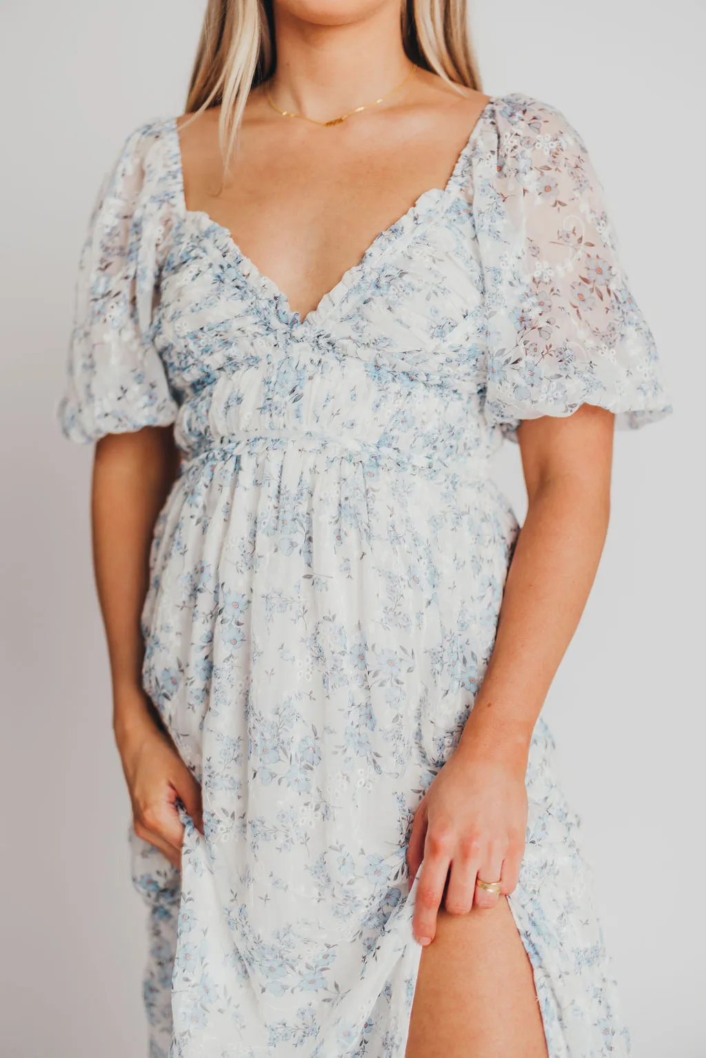 Daphne High Slit Eyelet Detail Maxi Dress in Blue and White Floral - Inclusive Sizing (S-3XL) - Special PRE-ORDER Price