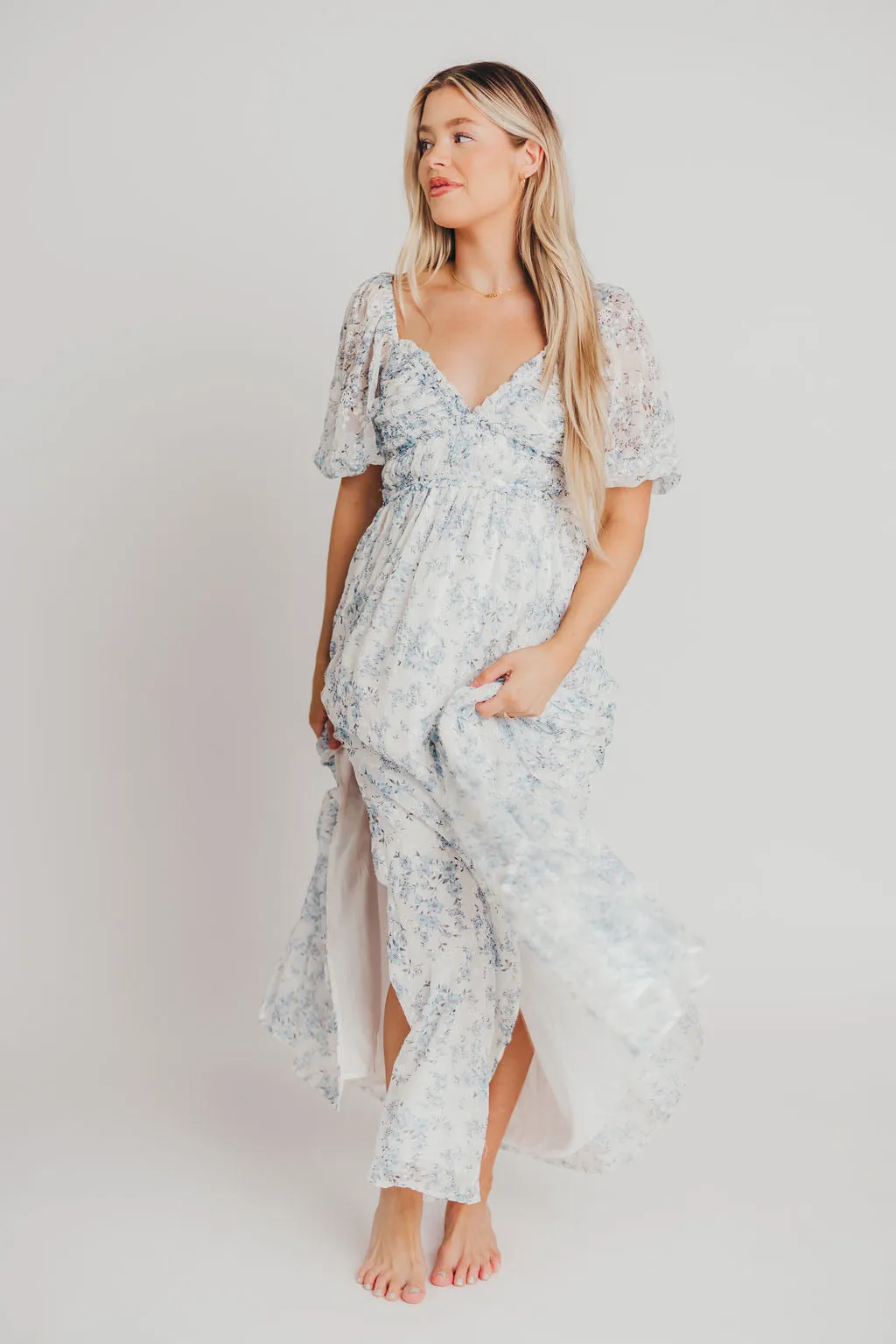 Daphne High Slit Eyelet Detail Maxi Dress in Blue and White Floral - Inclusive Sizing (S-3XL) - Special PRE-ORDER Price