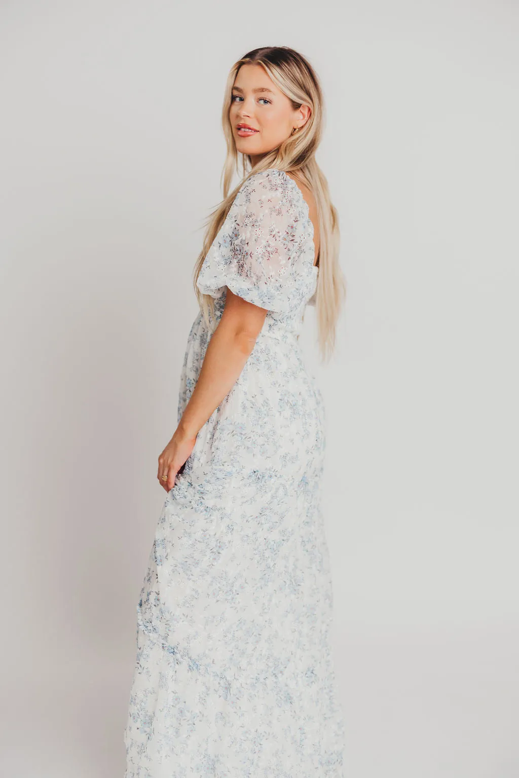 Daphne High Slit Eyelet Detail Maxi Dress in Blue and White Floral - Inclusive Sizing (S-3XL) - Special PRE-ORDER Price