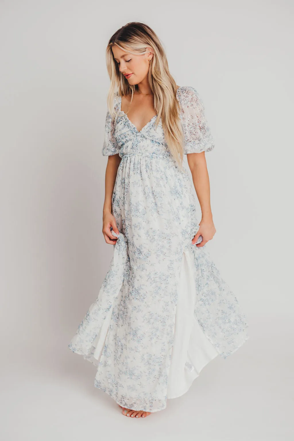 Daphne High Slit Eyelet Detail Maxi Dress in Blue and White Floral - Inclusive Sizing (S-3XL) - Special PRE-ORDER Price