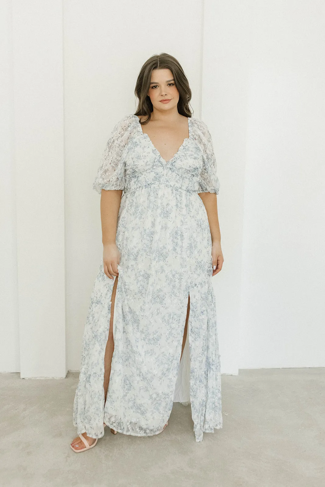 Daphne High Slit Eyelet Detail Maxi Dress in Blue and White Floral - Inclusive Sizing (S-3XL) - Special PRE-ORDER Price