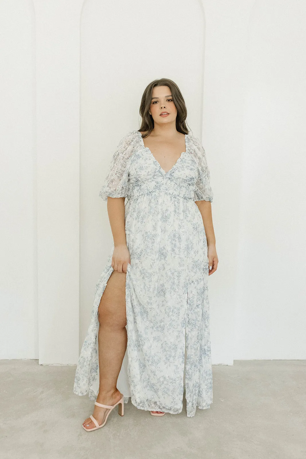 Daphne High Slit Eyelet Detail Maxi Dress in Blue and White Floral - Inclusive Sizing (S-3XL) - Special PRE-ORDER Price