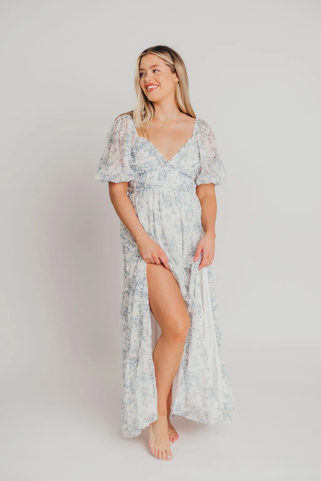 Daphne High Slit Eyelet Detail Maxi Dress in Blue and White Floral - Inclusive Sizing (S-3XL) - Special PRE-ORDER Price