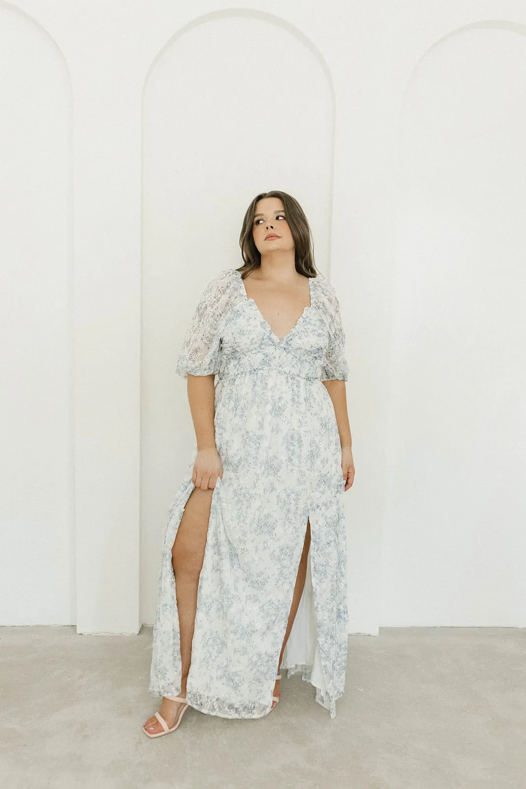 Daphne High Slit Eyelet Detail Maxi Dress in Blue and White Floral - Inclusive Sizing (S-3XL) - Special PRE-ORDER Price