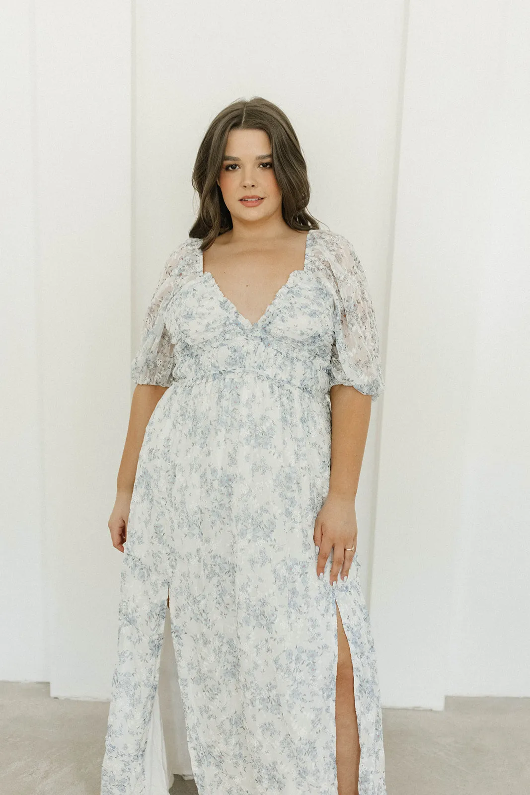 Daphne High Slit Eyelet Detail Maxi Dress in Blue and White Floral - Inclusive Sizing (S-3XL) - Special PRE-ORDER Price