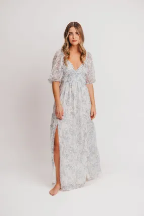 Daphne High Slit Eyelet Detail Maxi Dress in Blue and White Floral - Inclusive Sizing (S-3XL) - Special PRE-ORDER Price