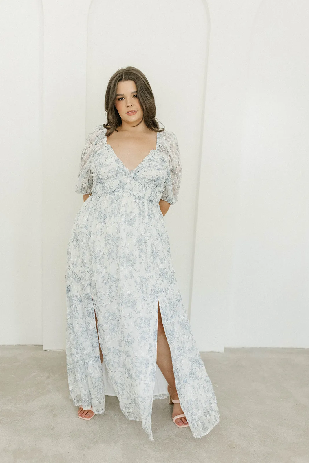 Daphne High Slit Eyelet Detail Maxi Dress in Blue and White Floral - Inclusive Sizing (S-3XL) - Special PRE-ORDER Price