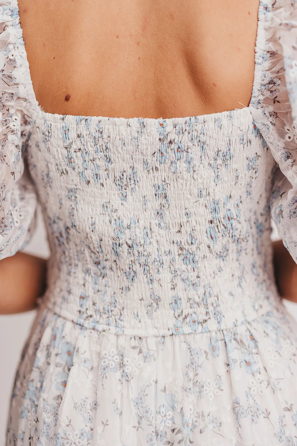 Daphne High Slit Eyelet Detail Maxi Dress in Blue and White Floral - Inclusive Sizing (S-3XL) - Special PRE-ORDER Price