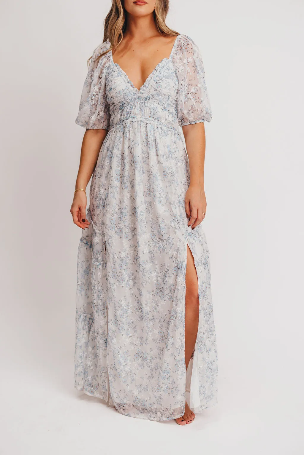 Daphne High Slit Eyelet Detail Maxi Dress in Blue and White Floral - Inclusive Sizing (S-3XL) - Special PRE-ORDER Price