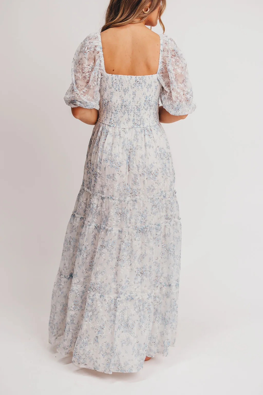 Daphne High Slit Eyelet Detail Maxi Dress in Blue and White Floral - Inclusive Sizing (S-3XL) - Special PRE-ORDER Price