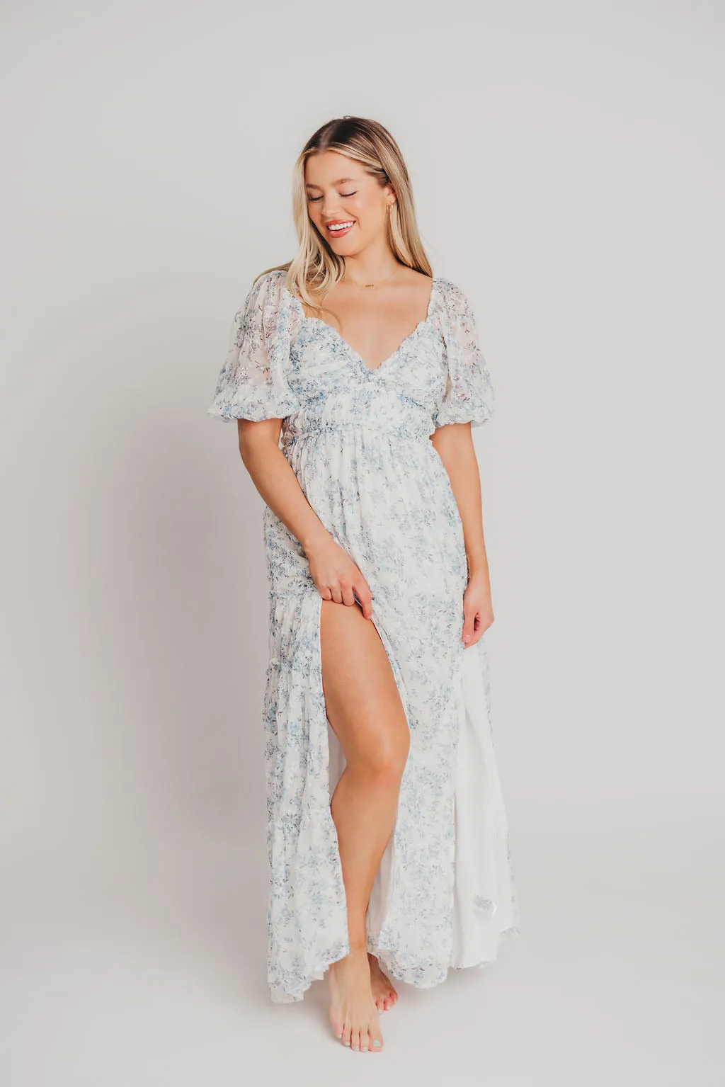 Daphne High Slit Eyelet Detail Maxi Dress in Blue and White Floral - Inclusive Sizing (S-3XL) - Special PRE-ORDER Price