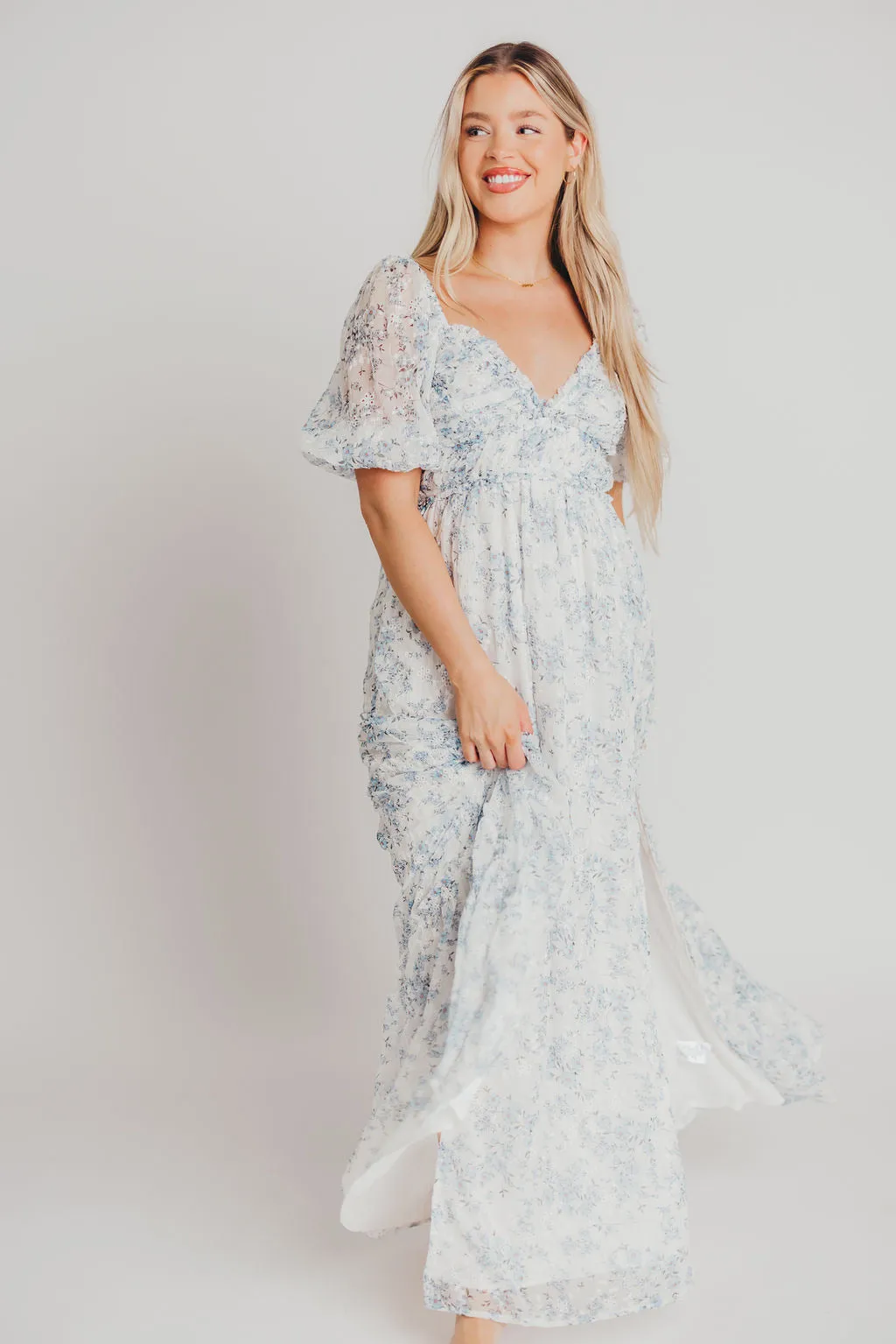 Daphne High Slit Eyelet Detail Maxi Dress in Blue and White Floral - Inclusive Sizing (S-3XL) - Special PRE-ORDER Price