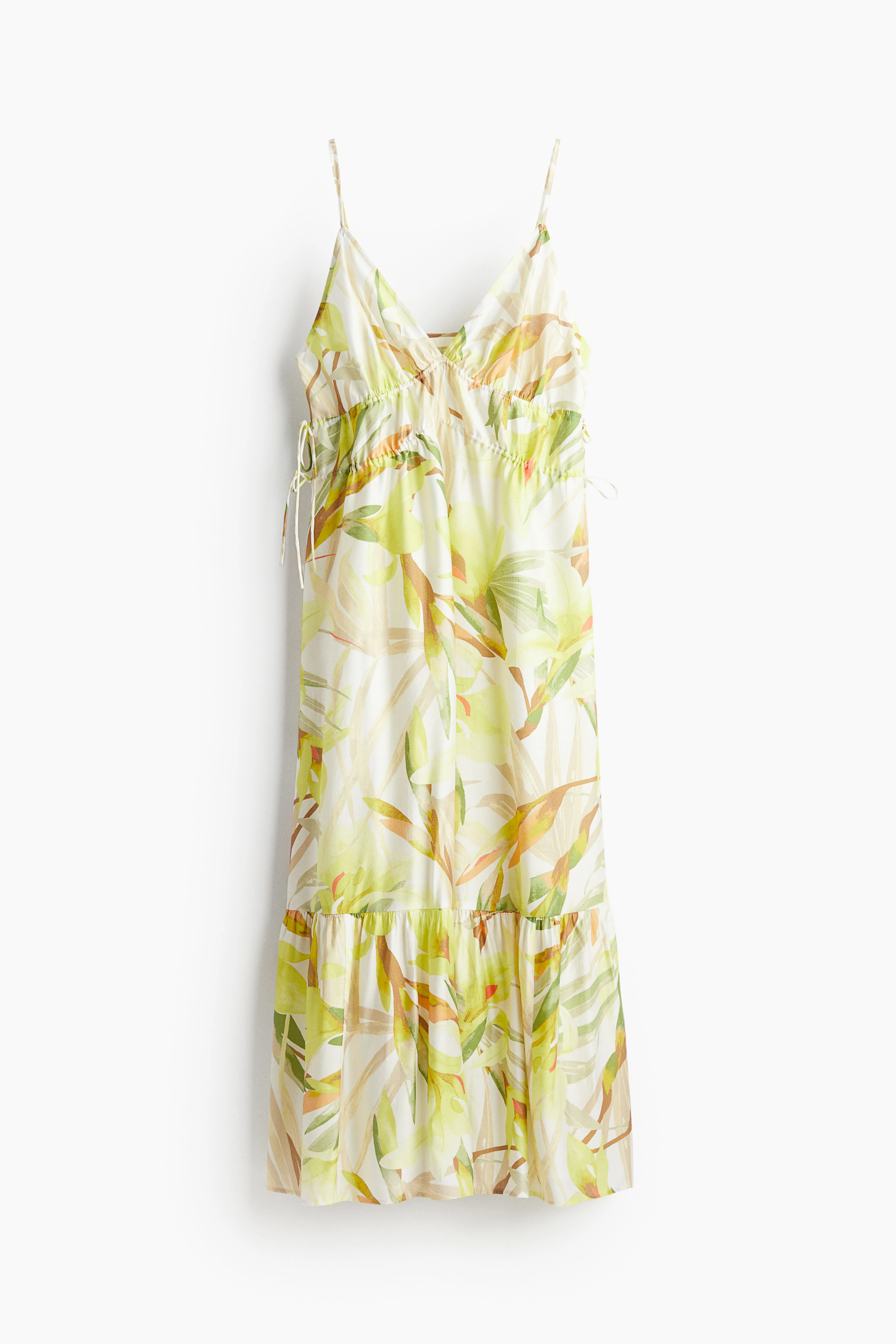 Drawstring-detail maxi dress - Deep neckline - Sleeveless - White/Yellow floral - Ladies | H&M GB