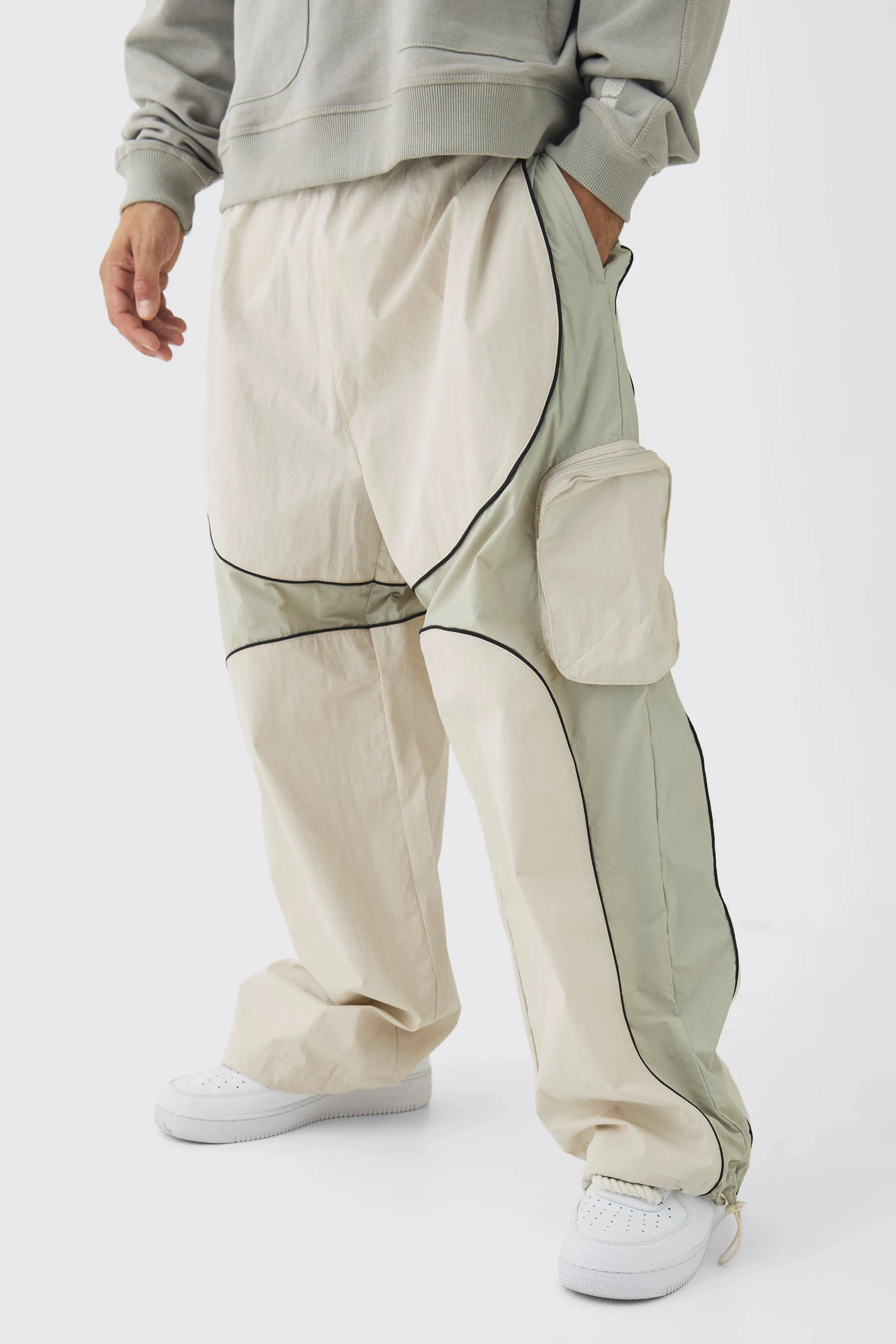 Elasticated Waist Parachute Contrast Panelled Cargo Trousers