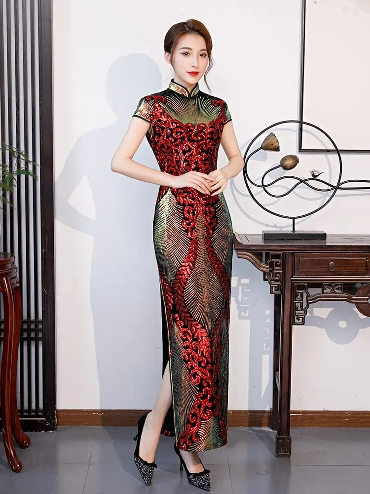 Fashion Sequins Evening Dress Embroidered High-slit Formal Occasion For Women Short-Sleeve Long Cheongsam