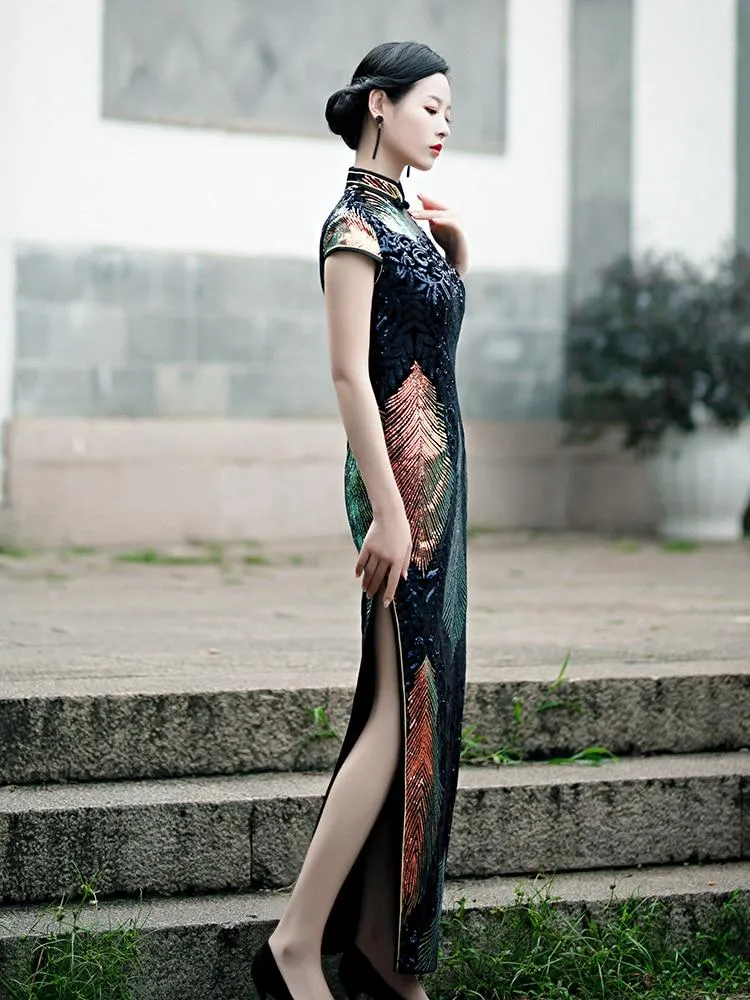 Fashion Sequins Evening Dress Embroidered High-slit Formal Occasion For Women Short-Sleeve Long Cheongsam