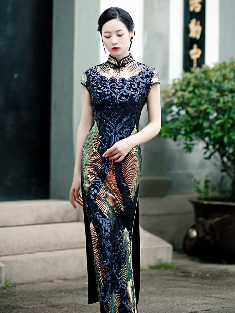 Fashion Sequins Evening Dress Embroidered High-slit Formal Occasion For Women Short-Sleeve Long Cheongsam