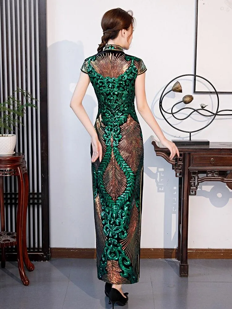 Fashion Sequins Evening Dress Embroidered High-slit Formal Occasion For Women Short-Sleeve Long Cheongsam