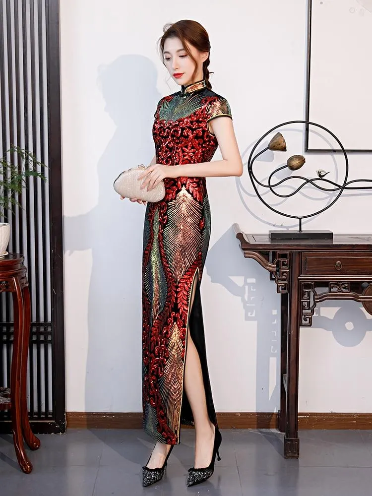 Fashion Sequins Evening Dress Embroidered High-slit Formal Occasion For Women Short-Sleeve Long Cheongsam