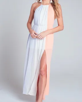 Final Sale - Blue Blush Halterneck Maxi Dress With Leg Slit in Ivory Multi