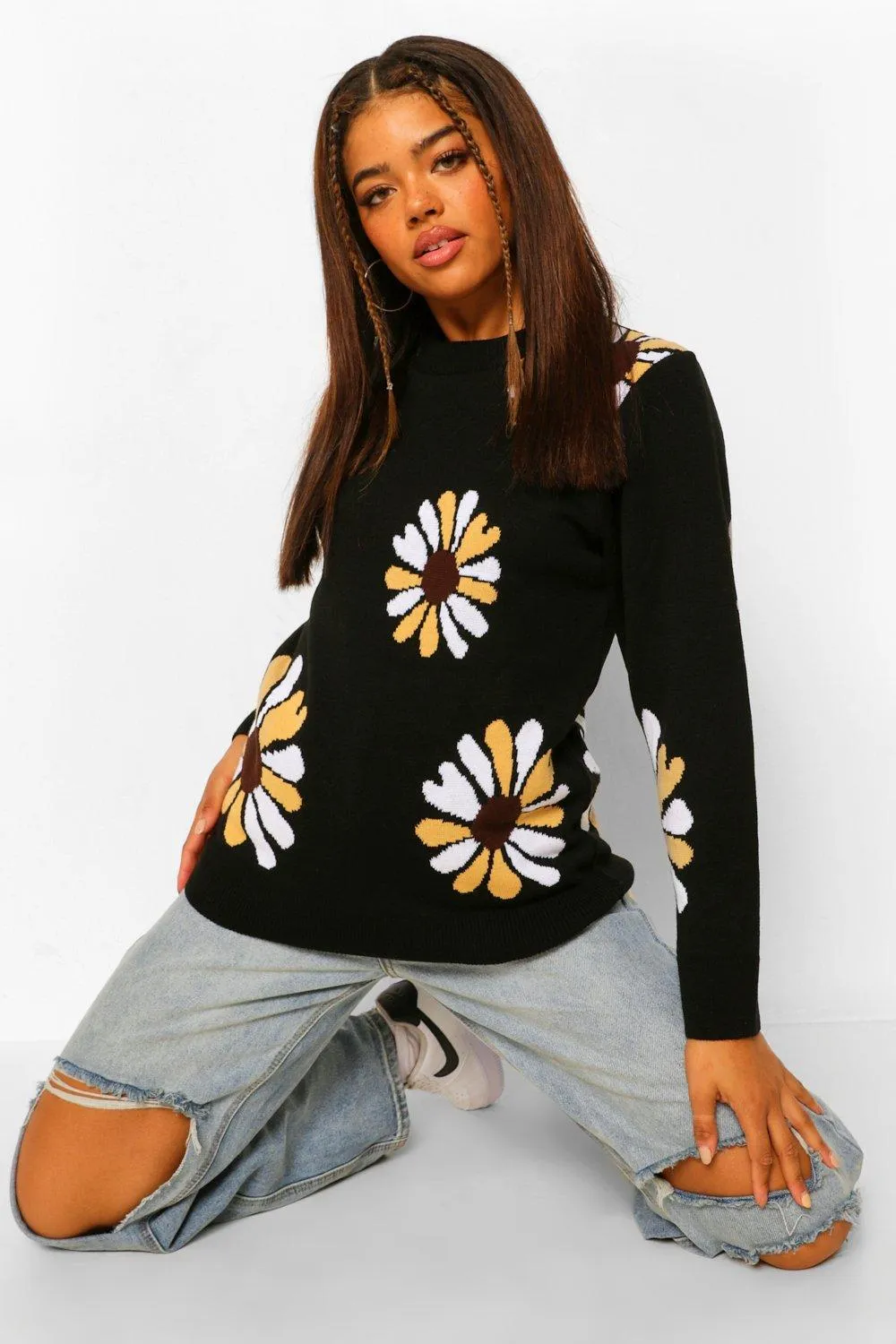 Floral Design Crew Neck Knitted Sweater