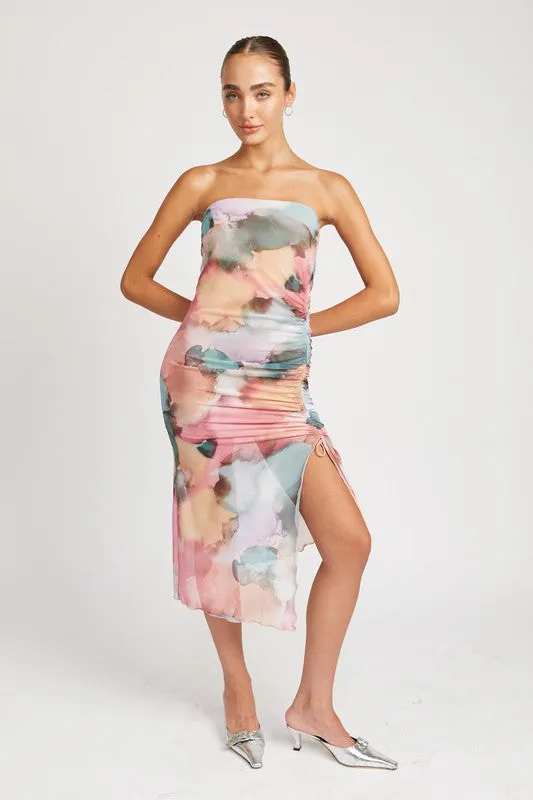 FLORAL SHIRRED MIDI DRESS WITH HIGH SLIT