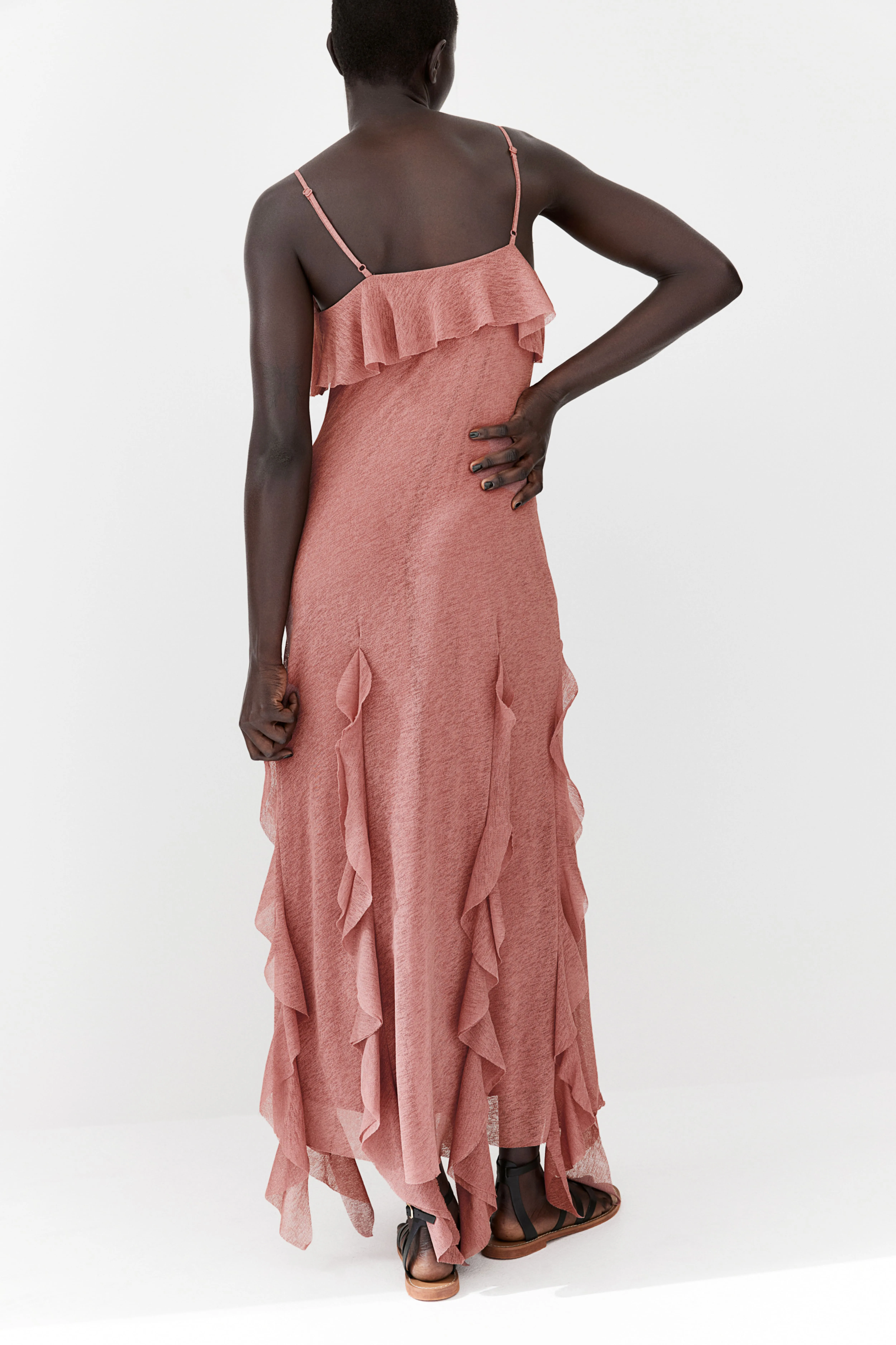 Flounced maxi dress - V-neck - Sleeveless - Dusty pink - Ladies | H&M GB