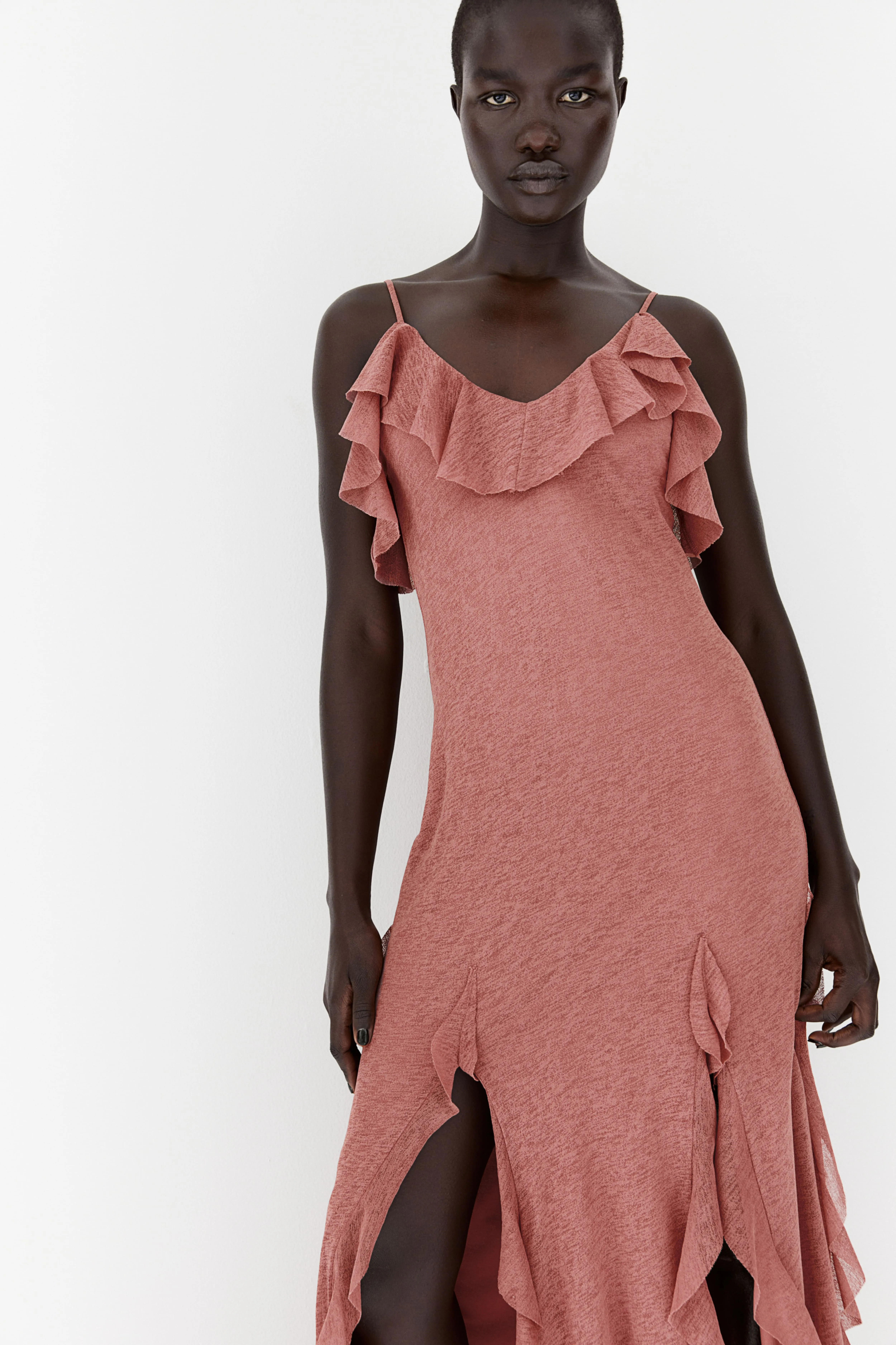 Flounced maxi dress - V-neck - Sleeveless - Dusty pink - Ladies | H&M GB