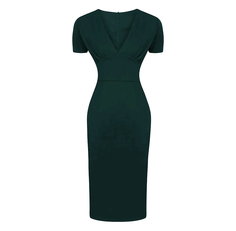 Forest Green Short Sleeve Deep V Neck Bodycon Midi Dress