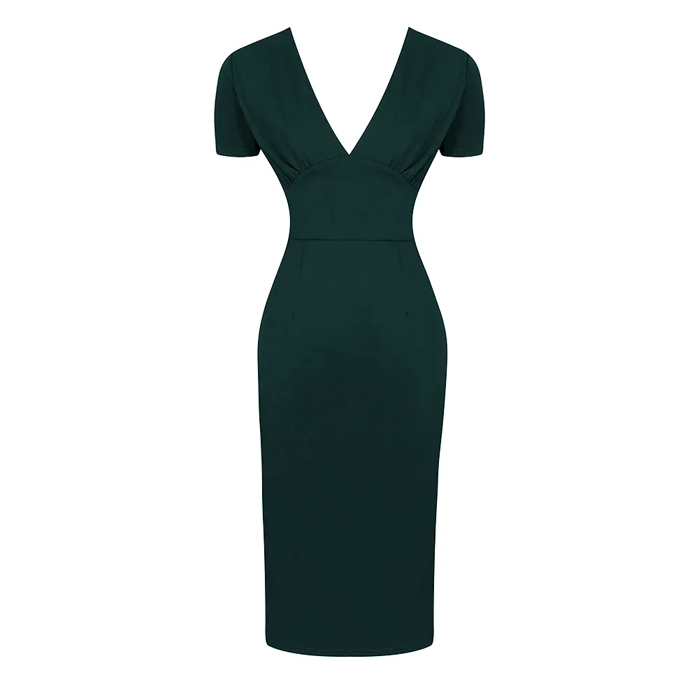 Forest Green Short Sleeve Deep V Neck Bodycon Midi Dress