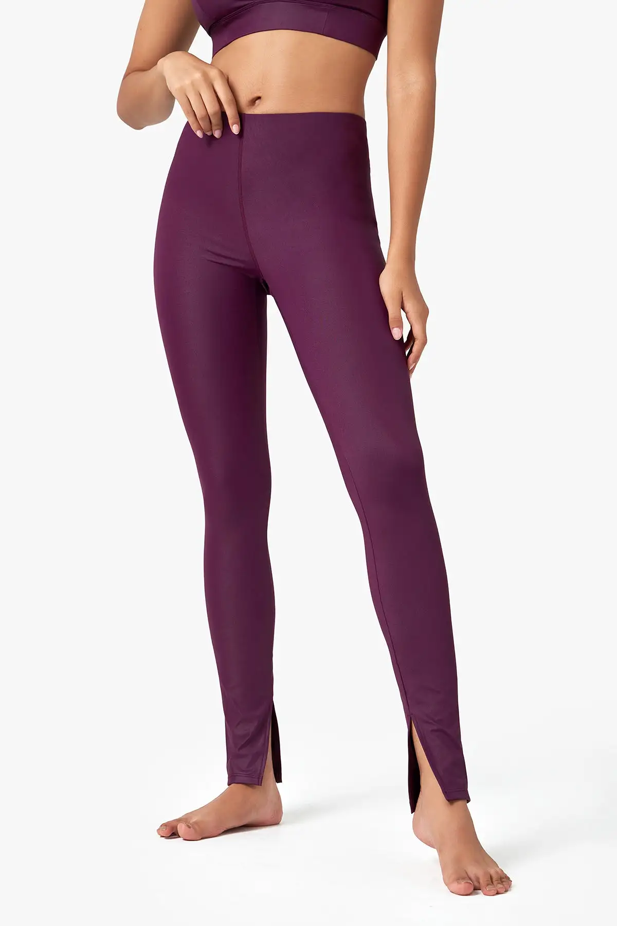 Glossy High-Waisted Slit Full-Length Leggings