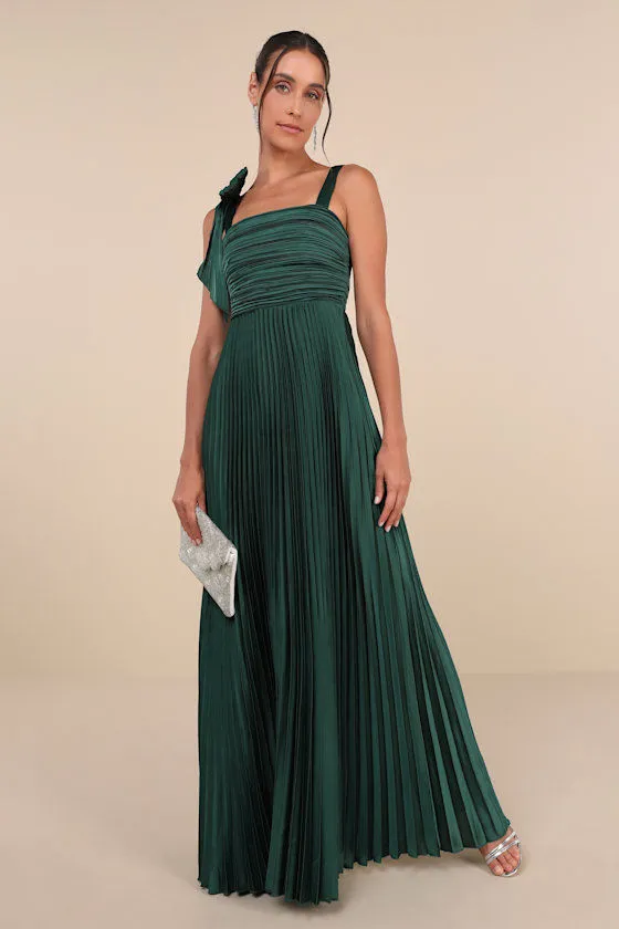 Gorgeous Purpose Emerald Satin Pleated Sleeveless Bow Maxi Dress