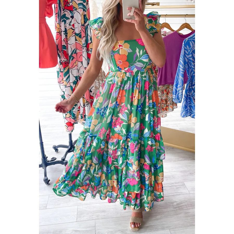 Green Floral Print Sleeveless Ruffle Tiered Maxi Dress