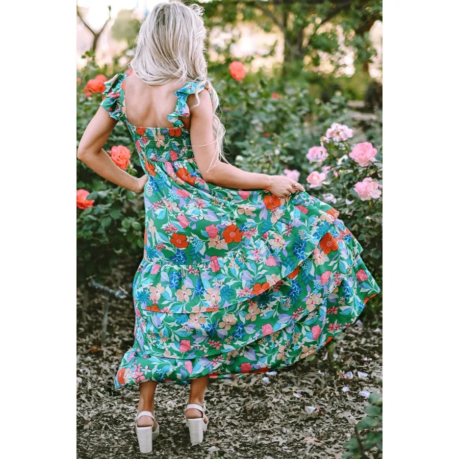 Green Floral Print Sleeveless Ruffle Tiered Maxi Dress