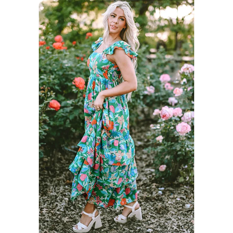 Green Floral Print Sleeveless Ruffle Tiered Maxi Dress