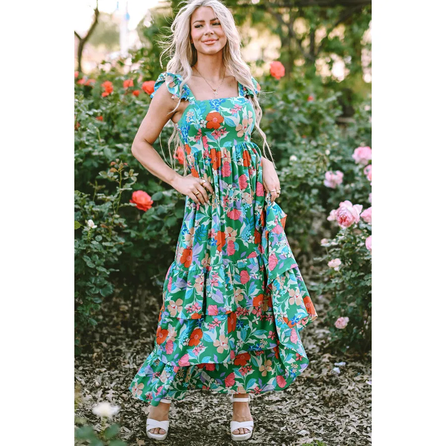 Green Floral Print Sleeveless Ruffle Tiered Maxi Dress