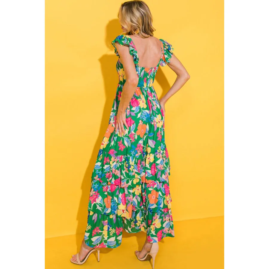 Green Floral Print Sleeveless Ruffle Tiered Maxi Dress