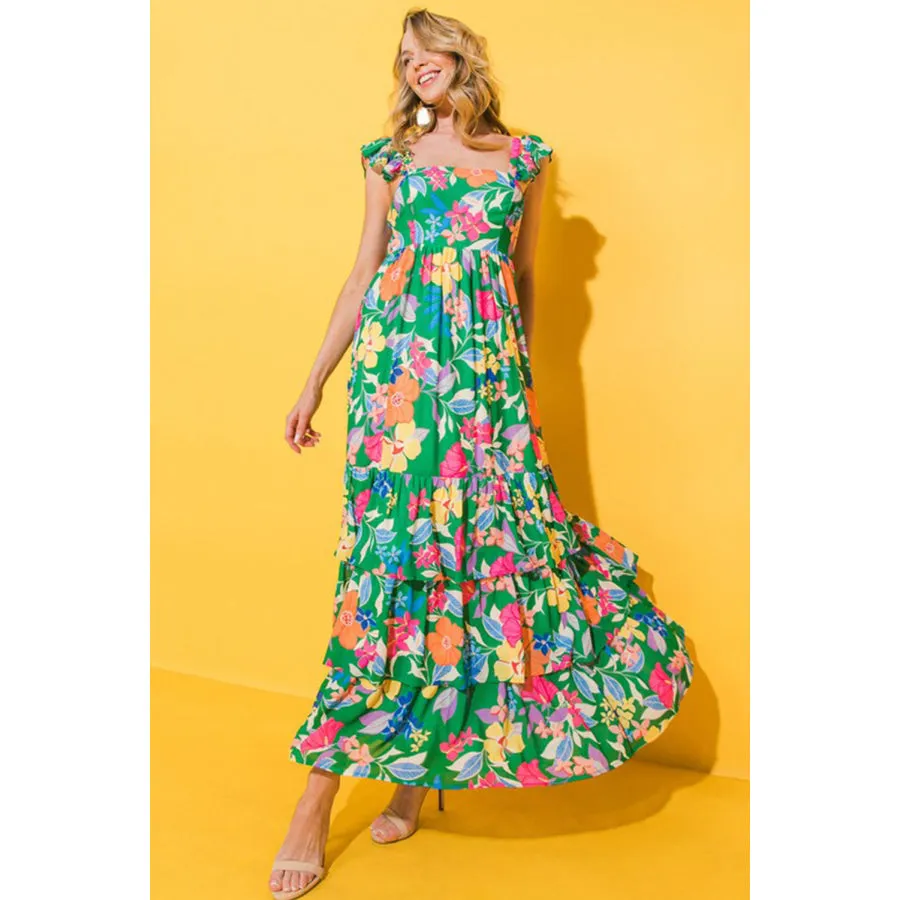 Green Floral Print Sleeveless Ruffle Tiered Maxi Dress