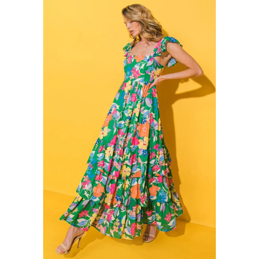 Green Floral Print Sleeveless Ruffle Tiered Maxi Dress