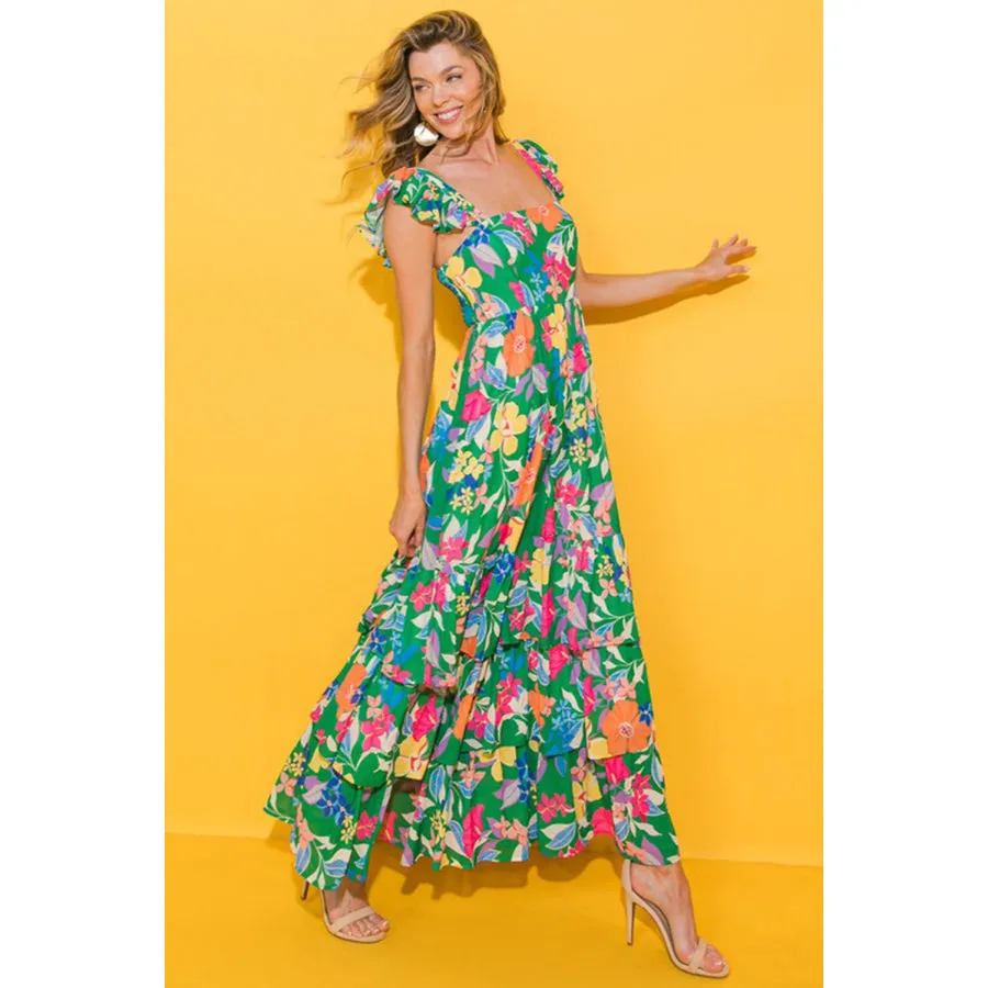 Green Floral Print Sleeveless Ruffle Tiered Maxi Dress