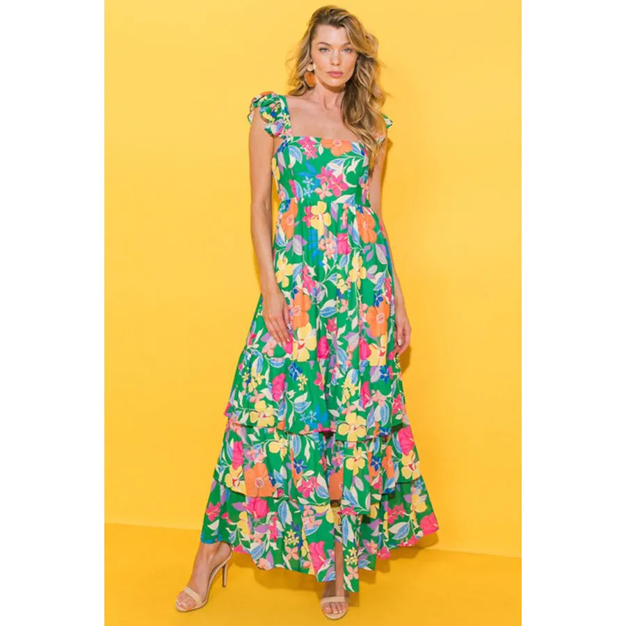 Green Floral Print Sleeveless Ruffle Tiered Maxi Dress