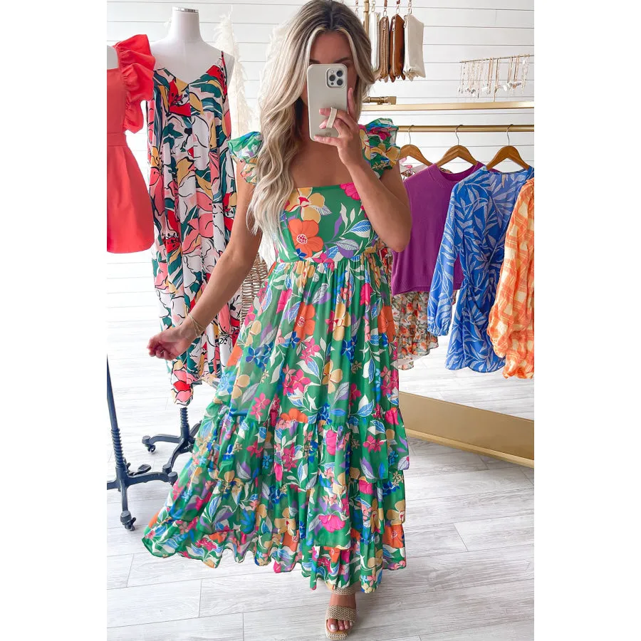 Green Floral Print Sleeveless Ruffle Tiered Maxi Dress